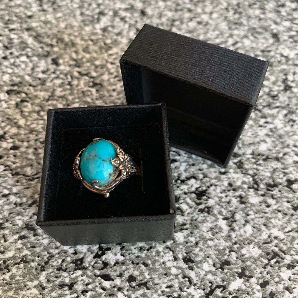 Rhodium over Sterling Cabochon Composite Turquoise and Marcasite ring Size 6